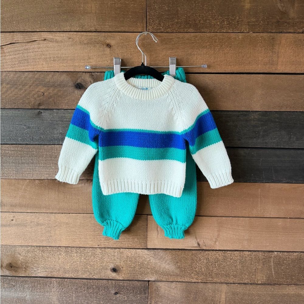 Vintage 80s Stork Club Knit Toddler Set Cream Stripe 12M